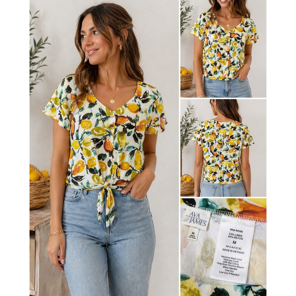 Ava‎ James Top Lemon Print Linen Blend Tie Front Summer Blouse Size M